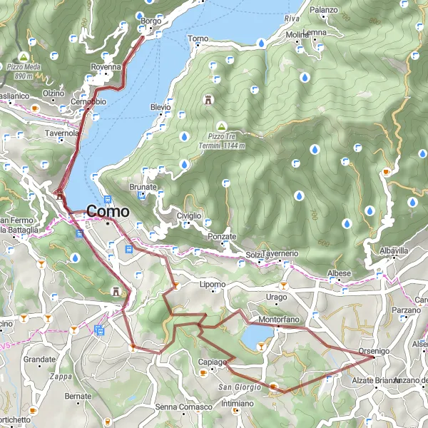 Miniatua del mapa de inspiración ciclista "Exploración en Grava desde Orsenigo a Montorfano" en Lombardia, Italy. Generado por Tarmacs.app planificador de rutas ciclistas