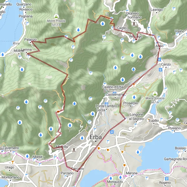 Miniatua del mapa de inspiración ciclista "Desafío en Grava desde Orsenigo a Erba" en Lombardia, Italy. Generado por Tarmacs.app planificador de rutas ciclistas