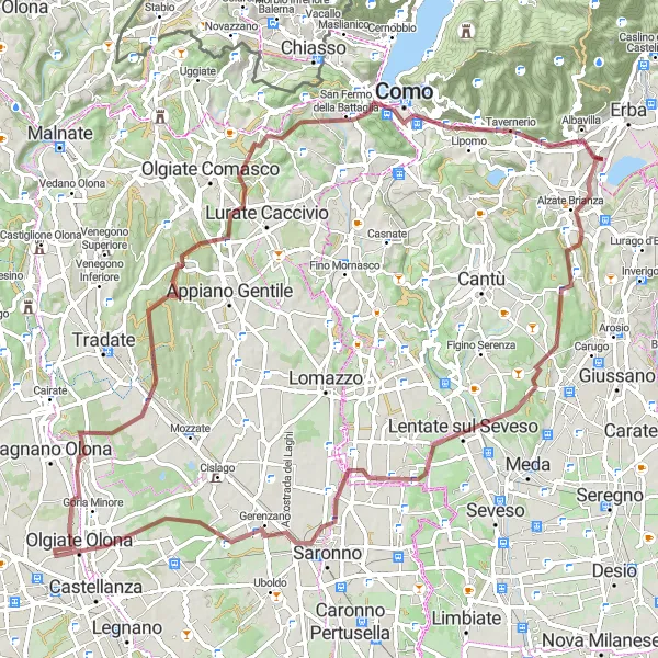 Miniatura della mappa di ispirazione al ciclismo "Avventuroso giro in bicicletta tra Alzate Brianza e Albavilla" nella regione di Lombardia, Italy. Generata da Tarmacs.app, pianificatore di rotte ciclistiche