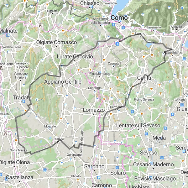 Miniatura della mappa di ispirazione al ciclismo "Giro tra Bregnano e Villa Guardia" nella regione di Lombardia, Italy. Generata da Tarmacs.app, pianificatore di rotte ciclistiche