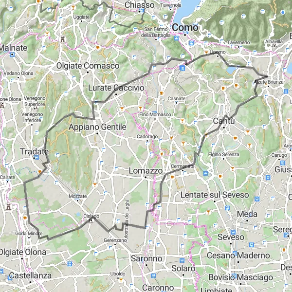 Miniatuurkaart van de fietsinspiratie "Scenic roadtrip door Bregnano en Villa Guardia" in Lombardia, Italy. Gemaakt door de Tarmacs.app fietsrouteplanner