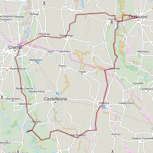 Miniatua del mapa de inspiración ciclista "Ruta de Grava a través de Orzinuovi" en Lombardia, Italy. Generado por Tarmacs.app planificador de rutas ciclistas