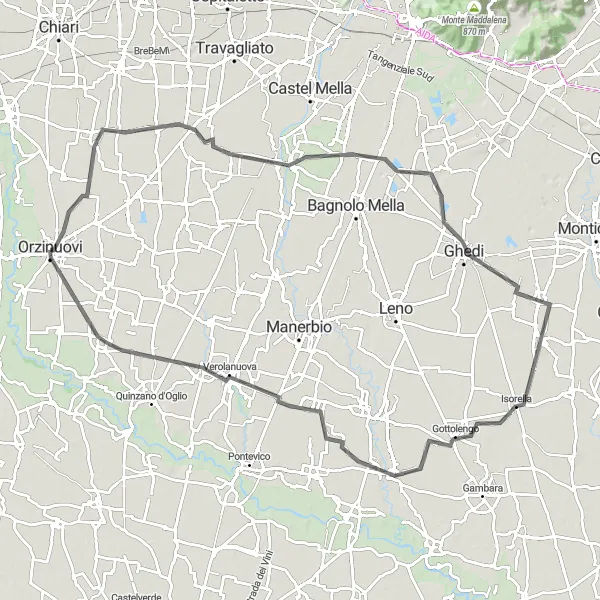 Miniatua del mapa de inspiración ciclista "Descubrimiento en bicicleta cerca de Orzinuovi" en Lombardia, Italy. Generado por Tarmacs.app planificador de rutas ciclistas