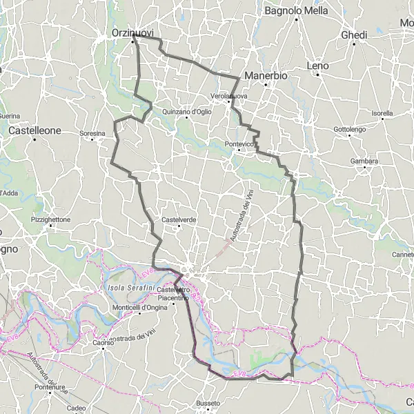 Kartminiatyr av "Långa landsvägarna runt Orzinuovi" cykelinspiration i Lombardia, Italy. Genererad av Tarmacs.app cykelruttplanerare