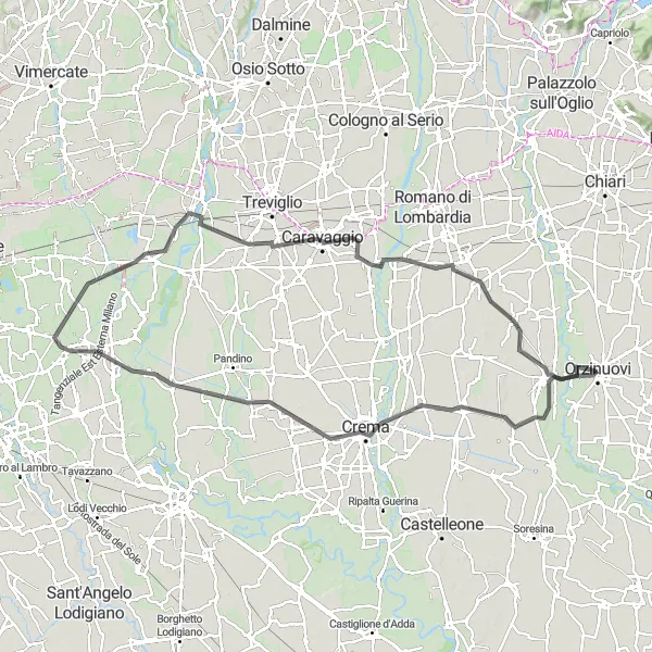 Miniatua del mapa de inspiración ciclista "Ruta por carretera a Orzinuovi" en Lombardia, Italy. Generado por Tarmacs.app planificador de rutas ciclistas