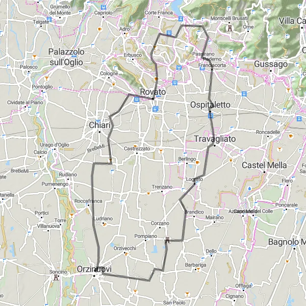Mapa miniatúra "Cyklotrasa po cestách okolo Orzinuovi" cyklistická inšpirácia v Lombardia, Italy. Vygenerované cyklistickým plánovačom trás Tarmacs.app