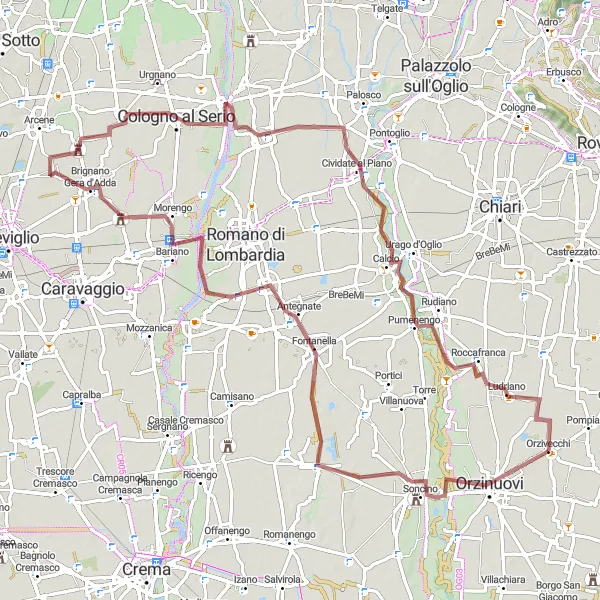 Map miniature of "Gravel Adventure - Orzivecchi - Antegnate - Brignano Gera d'Adda - Martinengo - Pumenengo Route" cycling inspiration in Lombardia, Italy. Generated by Tarmacs.app cycling route planner