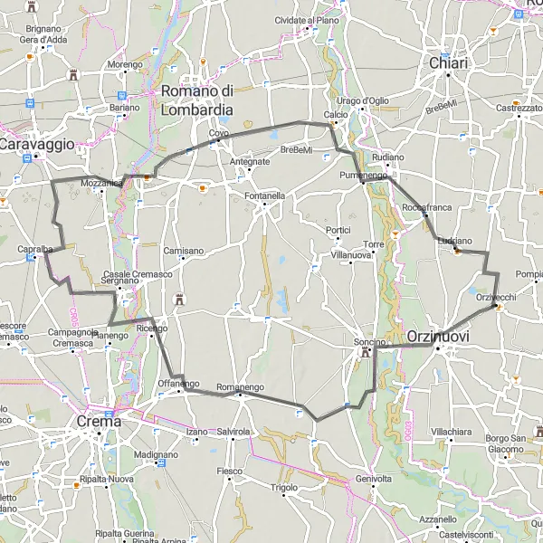 Map miniature of "Orzivecchi - Offanengo - Pianengo - Mozzanica - Pumenengo Route" cycling inspiration in Lombardia, Italy. Generated by Tarmacs.app cycling route planner