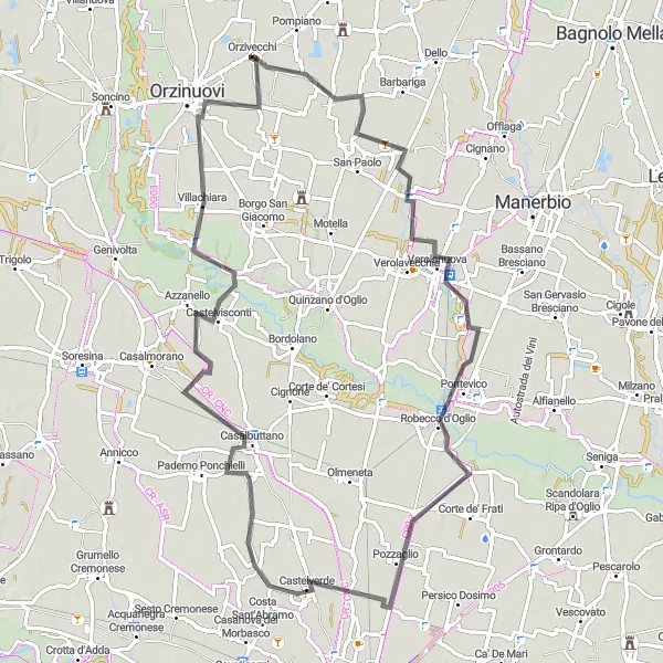 Miniatuurkaart van de fietsinspiratie "Verolanuova en omgeving" in Lombardia, Italy. Gemaakt door de Tarmacs.app fietsrouteplanner