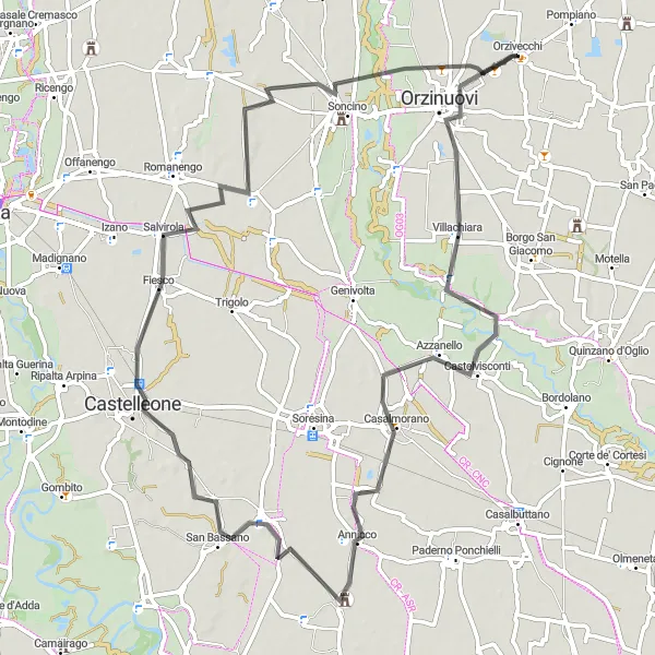 Map miniature of "Glimpses of History - Orzivecchi - Castelvisconti - Annicco - Castelleone - Soncino Route" cycling inspiration in Lombardia, Italy. Generated by Tarmacs.app cycling route planner