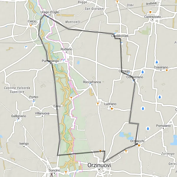 Miniaturní mapa "Okruh Orzivecchi - Orzinuovi - Pumenengo - Castelcovati - Orzivecchi" inspirace pro cyklisty v oblasti Lombardia, Italy. Vytvořeno pomocí plánovače tras Tarmacs.app