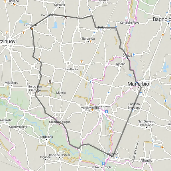 Mapa miniatúra "Pohodlná cestná trasa cez Dello, Bassano Bresciano, Fiume Oglio a Borgo San Giacomo" cyklistická inšpirácia v Lombardia, Italy. Vygenerované cyklistickým plánovačom trás Tarmacs.app