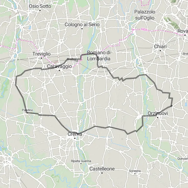 Mapa miniatúra "Klasická cestná trasa cez Crema, Pandino, Arzago d'Adda, Romano di Lombardia a Pumenengo" cyklistická inšpirácia v Lombardia, Italy. Vygenerované cyklistickým plánovačom trás Tarmacs.app