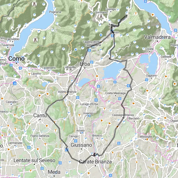 Map miniature of "The Brianza Loop" cycling inspiration in Lombardia, Italy. Generated by Tarmacs.app cycling route planner