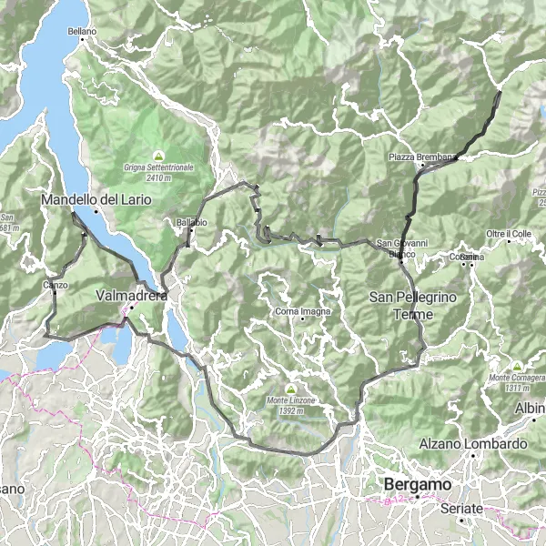 Miniature de la carte de l'inspiration cycliste "Le Tour des Montagnes Bergamasques" dans la Lombardia, Italy. Générée par le planificateur d'itinéraire cycliste Tarmacs.app