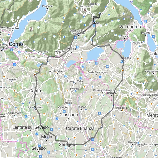 Miniatura della mappa di ispirazione al ciclismo "Tour in bicicletta da Osigo a Ponte Lambro" nella regione di Lombardia, Italy. Generata da Tarmacs.app, pianificatore di rotte ciclistiche