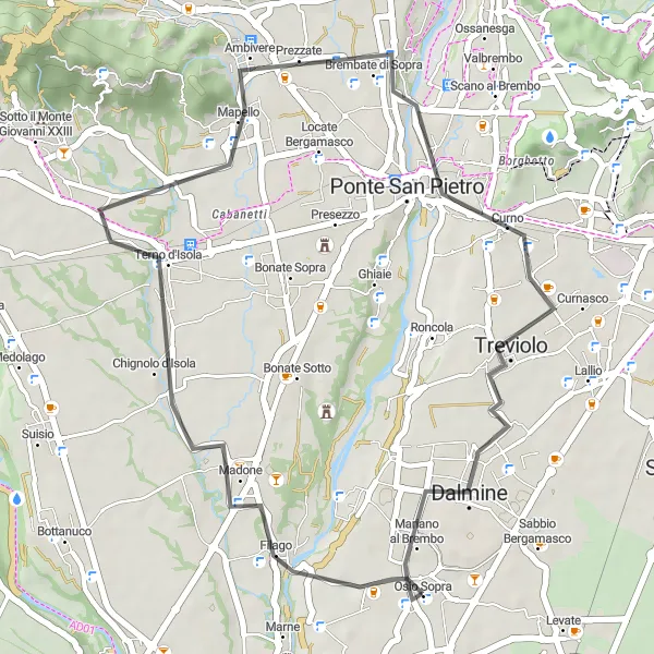 Miniatua del mapa de inspiración ciclista "Ruta de Ciclismo de Carretera a Ponte San Pietro" en Lombardia, Italy. Generado por Tarmacs.app planificador de rutas ciclistas