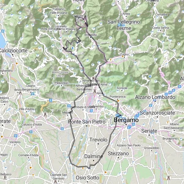 Miniaturní mapa "Adrenalínový okruh kolem Osio Sopra (Lombardie, Itálie) na silnici" inspirace pro cyklisty v oblasti Lombardia, Italy. Vytvořeno pomocí plánovače tras Tarmacs.app