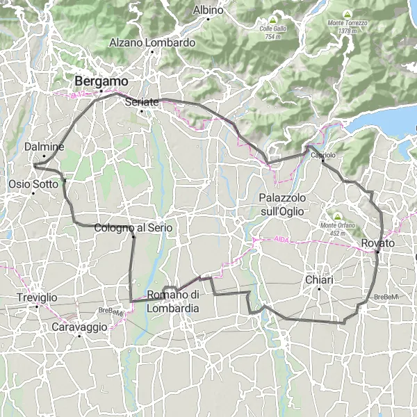 Miniaturní mapa "Okružní cyklistická trasa z Osio Sopra" inspirace pro cyklisty v oblasti Lombardia, Italy. Vytvořeno pomocí plánovače tras Tarmacs.app