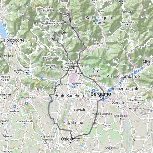 Miniatura della mappa di ispirazione al ciclismo "Giro in bicicletta da Osio Sopra" nella regione di Lombardia, Italy. Generata da Tarmacs.app, pianificatore di rotte ciclistiche