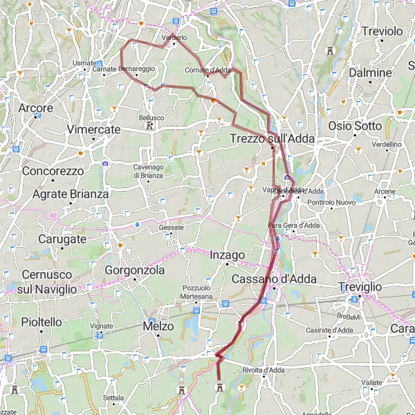 Miniatura della mappa di ispirazione al ciclismo "Giro in mountain bike tra Cornate d'Adda e Sulbiate" nella regione di Lombardia, Italy. Generata da Tarmacs.app, pianificatore di rotte ciclistiche