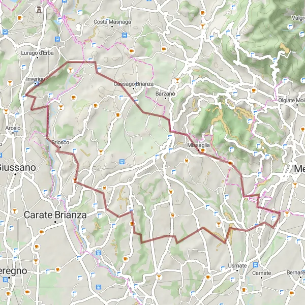 Kartminiatyr av "Grusvei Eventyr rundt Briosco" sykkelinspirasjon i Lombardia, Italy. Generert av Tarmacs.app sykkelrutoplanlegger