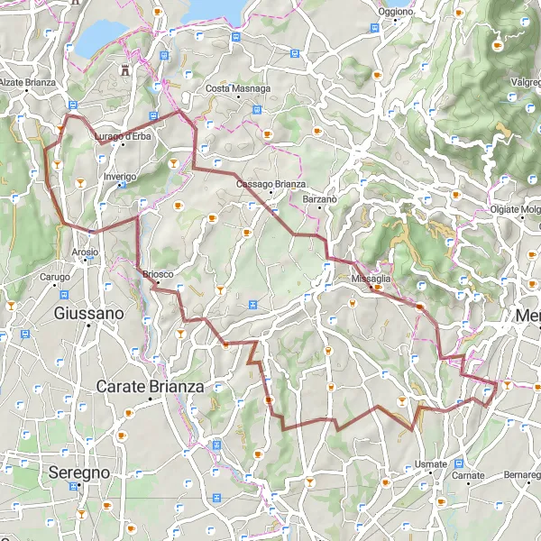 Miniatua del mapa de inspiración ciclista "Explorando los alrededores de Osnago en Grava" en Lombardia, Italy. Generado por Tarmacs.app planificador de rutas ciclistas