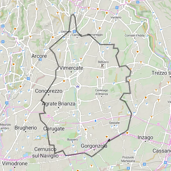Kartminiatyr av "Kort och pittoresk cykeltur från Osnago till Gorgonzola" cykelinspiration i Lombardia, Italy. Genererad av Tarmacs.app cykelruttplanerare