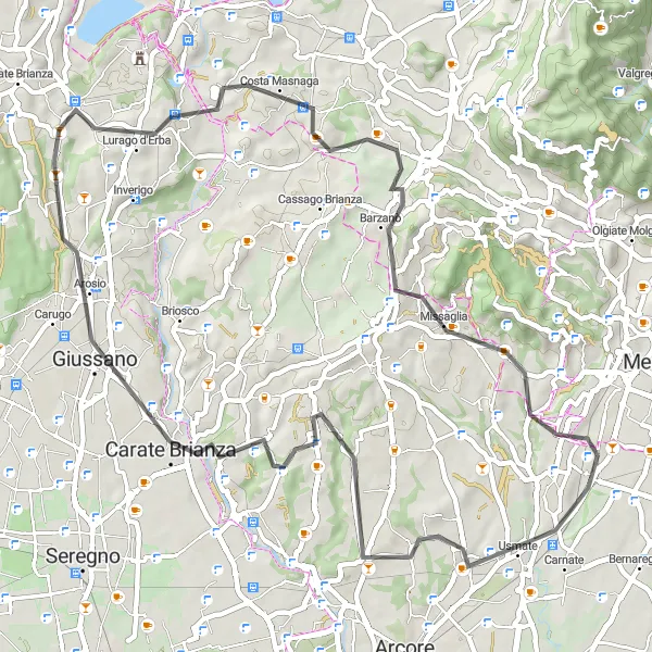 Map miniature of "Carnate Loop: Exploring the Scenic Beauty of Lombardia" cycling inspiration in Lombardia, Italy. Generated by Tarmacs.app cycling route planner