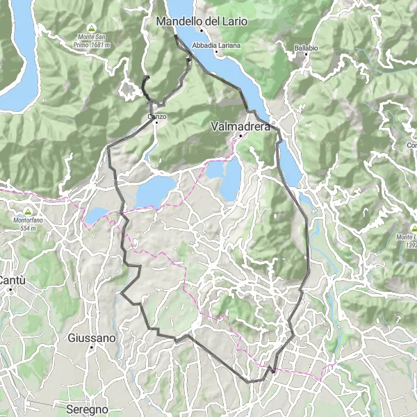 Miniatura della mappa di ispirazione al ciclismo "Scoprendo il Lago di Lecco in bicicletta" nella regione di Lombardia, Italy. Generata da Tarmacs.app, pianificatore di rotte ciclistiche