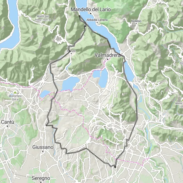 Miniaturní mapa "Náročný okruh z Osnaga přes Lecco a Airuno" inspirace pro cyklisty v oblasti Lombardia, Italy. Vytvořeno pomocí plánovače tras Tarmacs.app