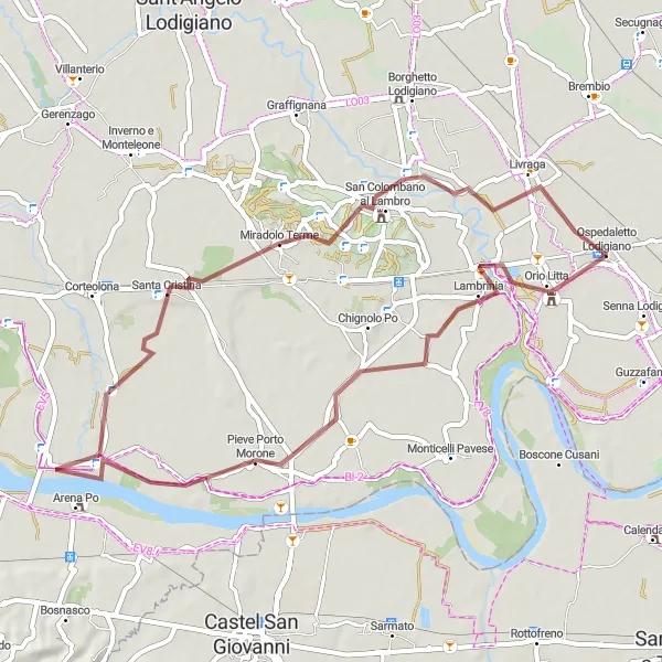 Miniatura della mappa di ispirazione al ciclismo "Esplorazione su sterrato vicino a Ospedaletto Lodigiano" nella regione di Lombardia, Italy. Generata da Tarmacs.app, pianificatore di rotte ciclistiche