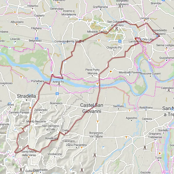 Miniatua del mapa de inspiración ciclista "Ruta de grava Badia Pavese - San Colombano al Lambro" en Lombardia, Italy. Generado por Tarmacs.app planificador de rutas ciclistas