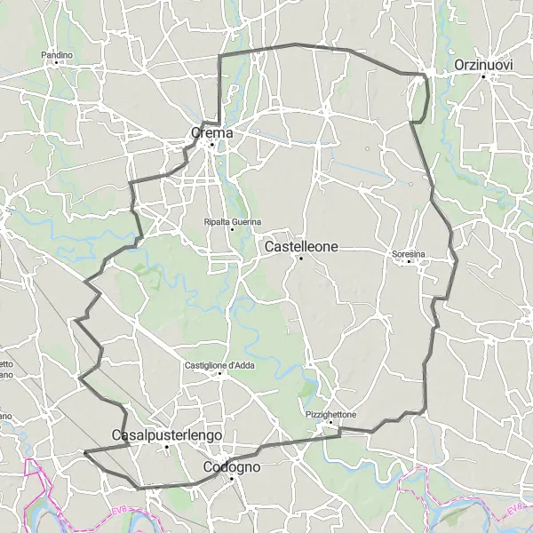 Miniaturní mapa "Cesta do pahorkaté krajiny Lodigiana" inspirace pro cyklisty v oblasti Lombardia, Italy. Vytvořeno pomocí plánovače tras Tarmacs.app