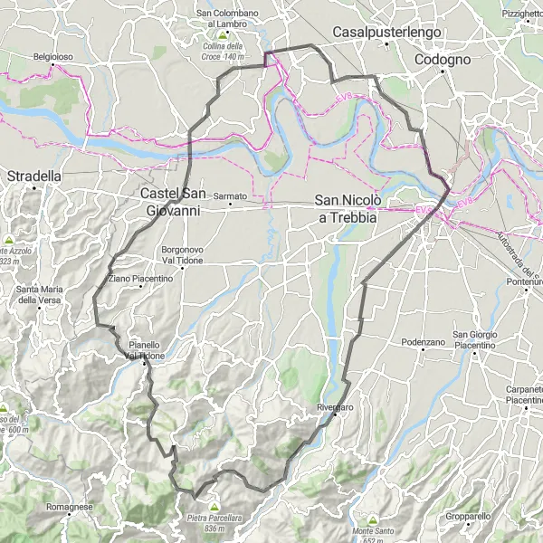 Kartminiatyr av "Piacenza til Castel San Giovanni Loop" sykkelinspirasjon i Lombardia, Italy. Generert av Tarmacs.app sykkelrutoplanlegger