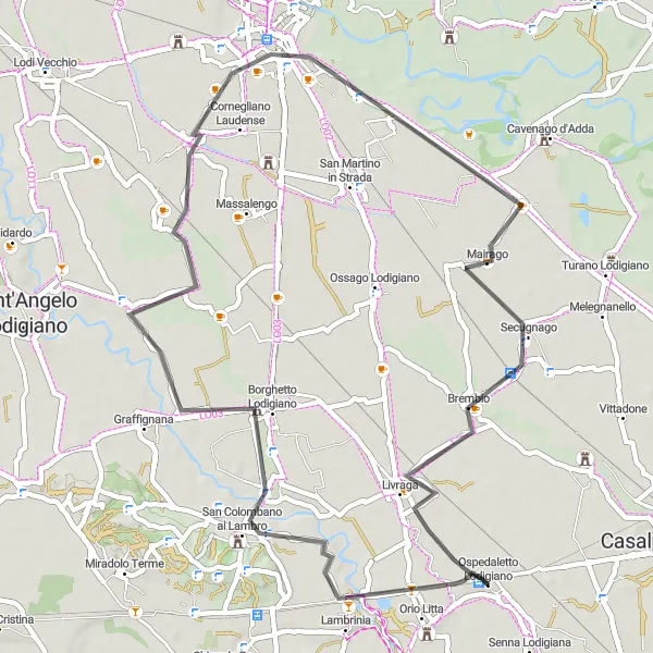 Miniatua del mapa de inspiración ciclista "Ruta a Borghetto Lodigiano" en Lombardia, Italy. Generado por Tarmacs.app planificador de rutas ciclistas