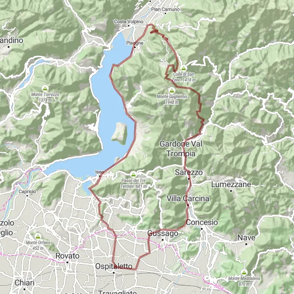 Mapa miniatúra "Gravelová trasa okolo Ospitaletto" cyklistická inšpirácia v Lombardia, Italy. Vygenerované cyklistickým plánovačom trás Tarmacs.app