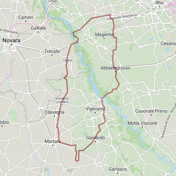 Kartminiatyr av "Utfordrende Grusvei Sykkelrute fra Ossona" sykkelinspirasjon i Lombardia, Italy. Generert av Tarmacs.app sykkelrutoplanlegger