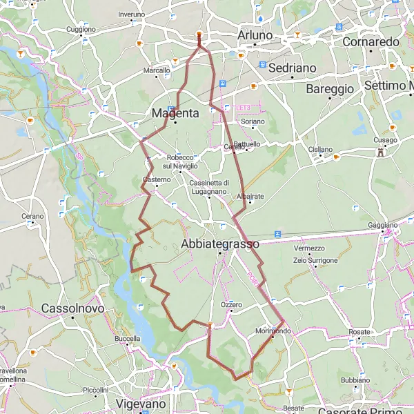 Kartminiatyr av "Grusvei eventyr til Morimondo" sykkelinspirasjon i Lombardia, Italy. Generert av Tarmacs.app sykkelrutoplanlegger