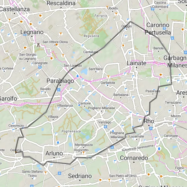 Kartminiatyr av "Vägcykling genom Parabiago och Arluno" cykelinspiration i Lombardia, Italy. Genererad av Tarmacs.app cykelruttplanerare