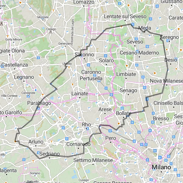 Miniatuurkaart van de fietsinspiratie "Parabiago naar Belvedere" in Lombardia, Italy. Gemaakt door de Tarmacs.app fietsrouteplanner