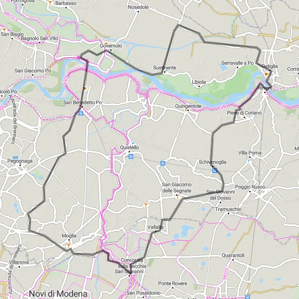 Miniature de la carte de l'inspiration cycliste "De San Giovanni del Dosso à Ostiglia" dans la Lombardia, Italy. Générée par le planificateur d'itinéraire cycliste Tarmacs.app