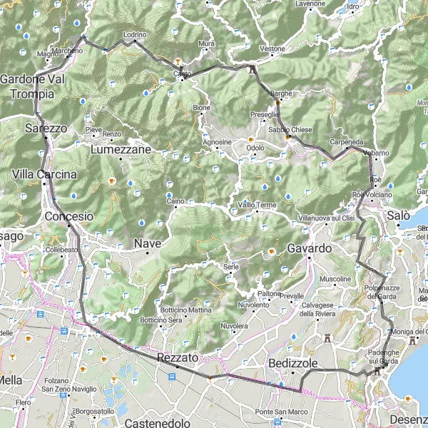 Miniatura della mappa di ispirazione al ciclismo "Tour in Bicicletta Lungo il Lago di Garda" nella regione di Lombardia, Italy. Generata da Tarmacs.app, pianificatore di rotte ciclistiche