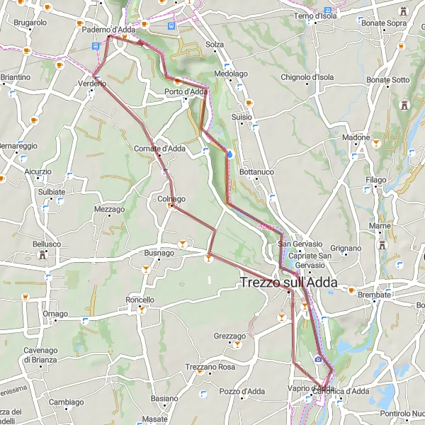 Miniatura della mappa di ispirazione al ciclismo "Gravel di Capriate San Gervasio" nella regione di Lombardia, Italy. Generata da Tarmacs.app, pianificatore di rotte ciclistiche