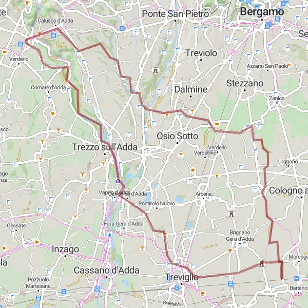 Mapa miniatúra "Náročný gravel okruh cez Monte Robbio a Capriate San Gervasio" cyklistická inšpirácia v Lombardia, Italy. Vygenerované cyklistickým plánovačom trás Tarmacs.app