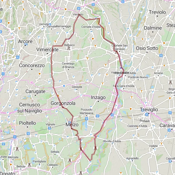 Miniatura della mappa di ispirazione al ciclismo "Avventura in gravel tra Capriate e Aicurzio" nella regione di Lombardia, Italy. Generata da Tarmacs.app, pianificatore di rotte ciclistiche