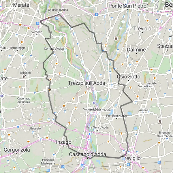 Mapa miniatúra "Cestný okruh cez Monte Robbio a Cassano d'Adda" cyklistická inšpirácia v Lombardia, Italy. Vygenerované cyklistickým plánovačom trás Tarmacs.app