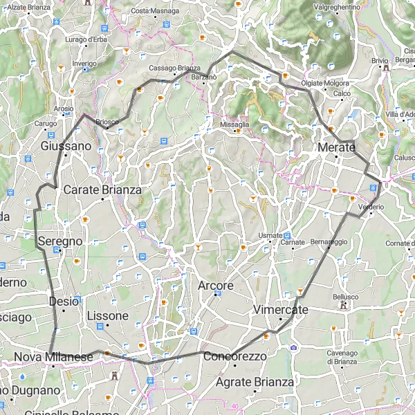 Miniature de la carte de l'inspiration cycliste "Vimercate to Robbiate Adventure" dans la Lombardia, Italy. Générée par le planificateur d'itinéraire cycliste Tarmacs.app