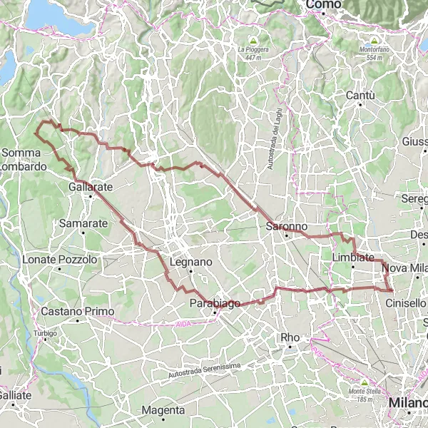 Miniaturní mapa "Cyklotrasa Parabiago a Incirano" inspirace pro cyklisty v oblasti Lombardia, Italy. Vytvořeno pomocí plánovače tras Tarmacs.app