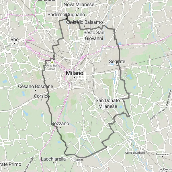 Miniaturní mapa "Okruh kolem Paderna Dugnano - Moncucco - Mirazzano - Viboldone - Quarto Cagnino - Monte Stella - Paderno" inspirace pro cyklisty v oblasti Lombardia, Italy. Vytvořeno pomocí plánovače tras Tarmacs.app